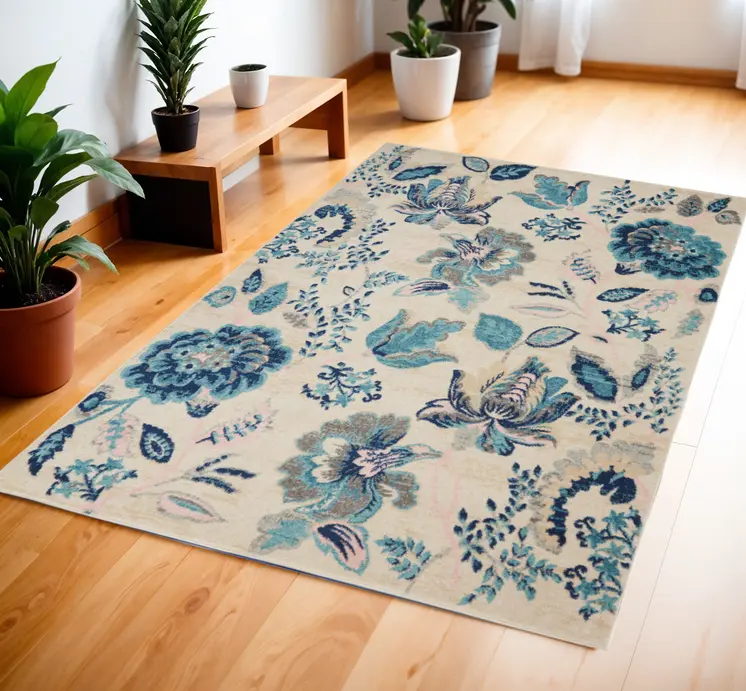 4' X 6' Ivory Navy Blue And Light Blue Floral Area Rug