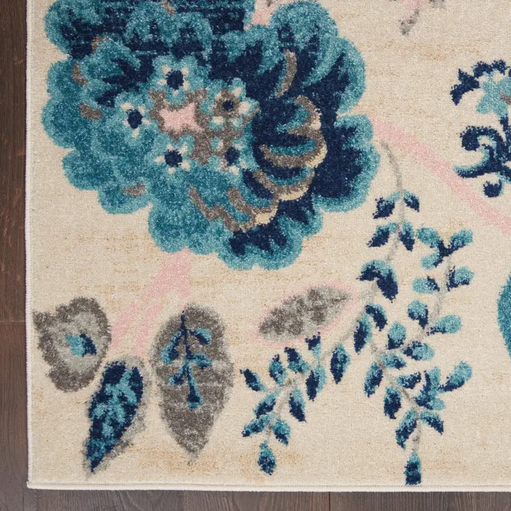 4' X 6' Ivory Navy Blue And Light Blue Floral Area Rug