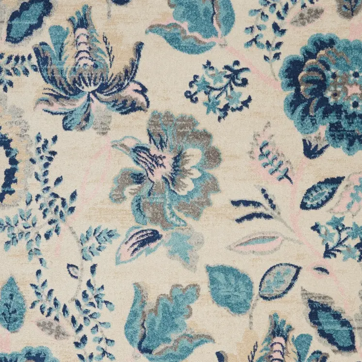 4' X 6' Ivory Navy Blue And Light Blue Floral Area Rug