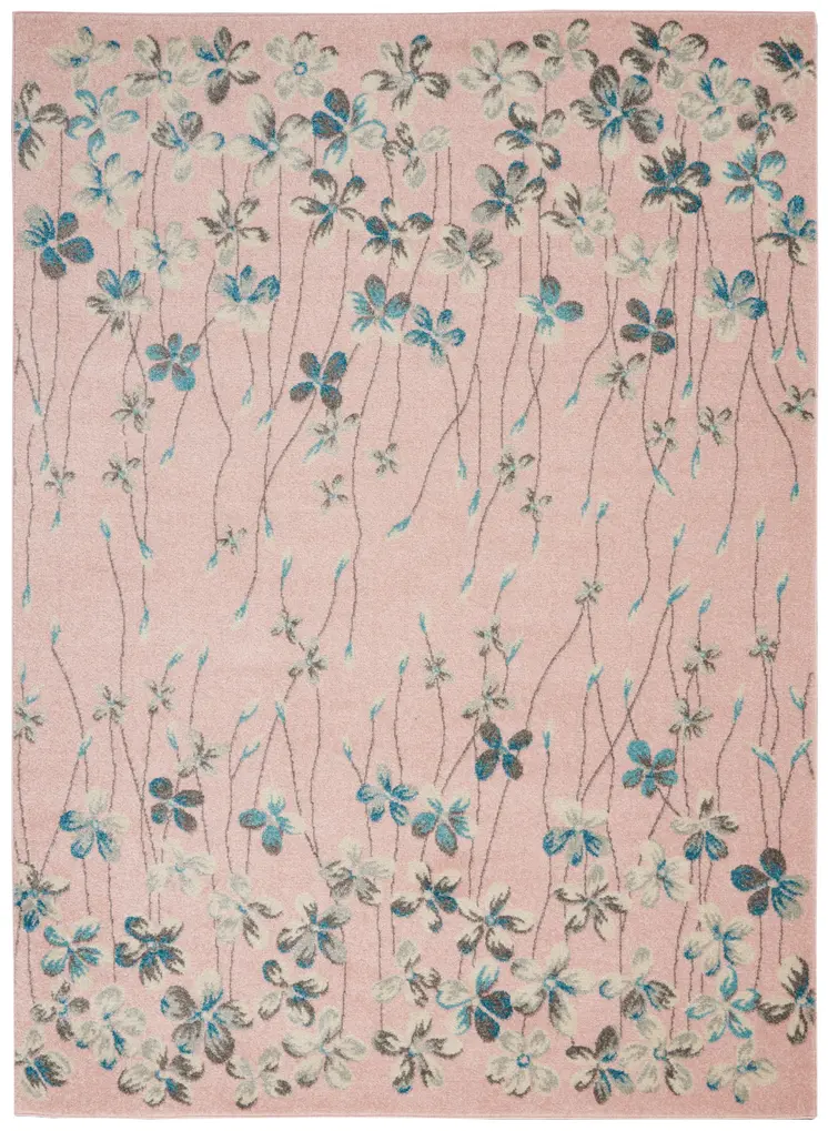 4' X 6' Pink Gray and Blue Botanical Leaves Area Rug