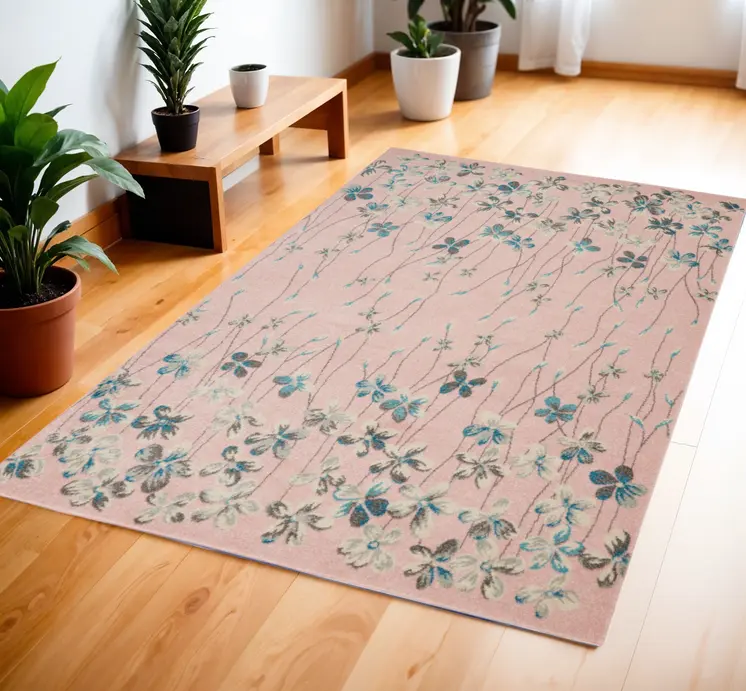 4' X 6' Pink Gray and Blue Botanical Leaves Area Rug