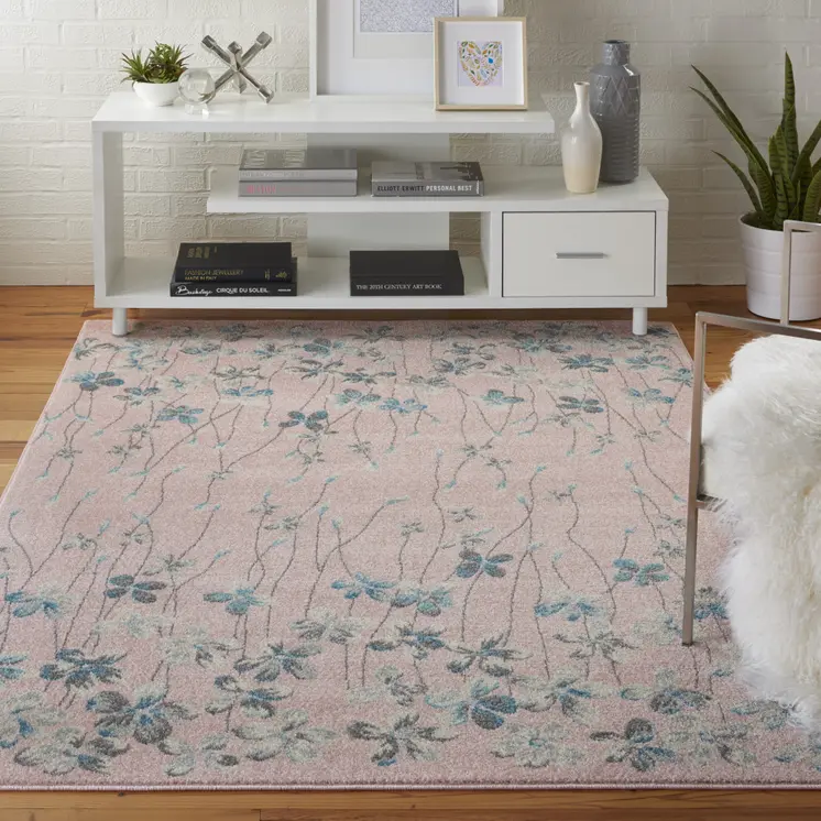 4' X 6' Pink Gray and Blue Botanical Leaves Area Rug