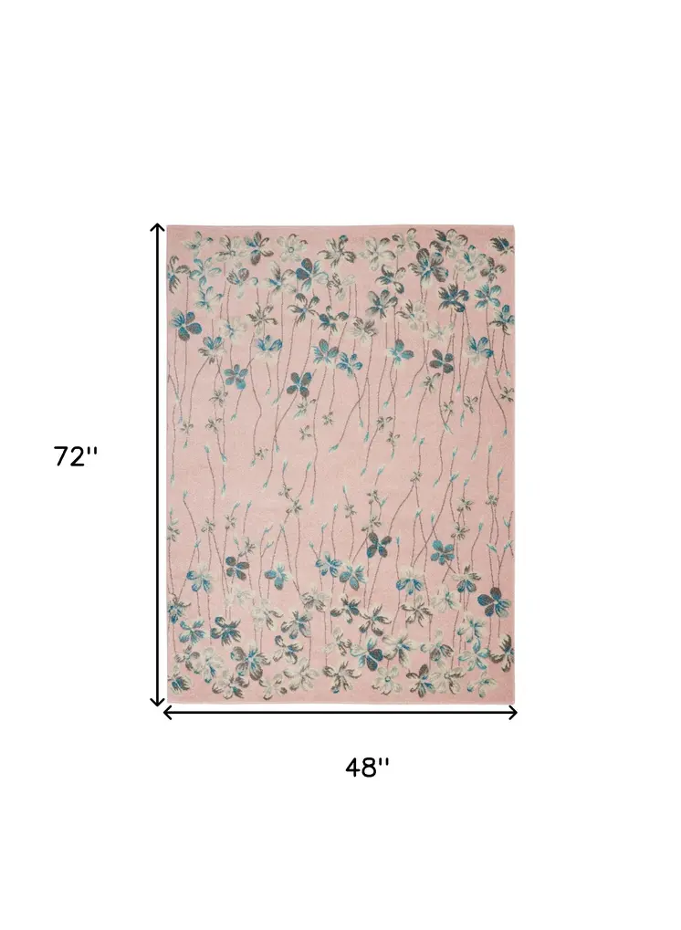 4' X 6' Pink Gray and Blue Botanical Leaves Area Rug