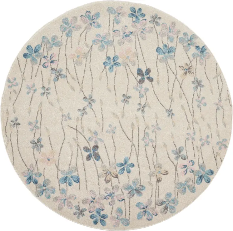 5' Ivory And Blue Floral Round Rug