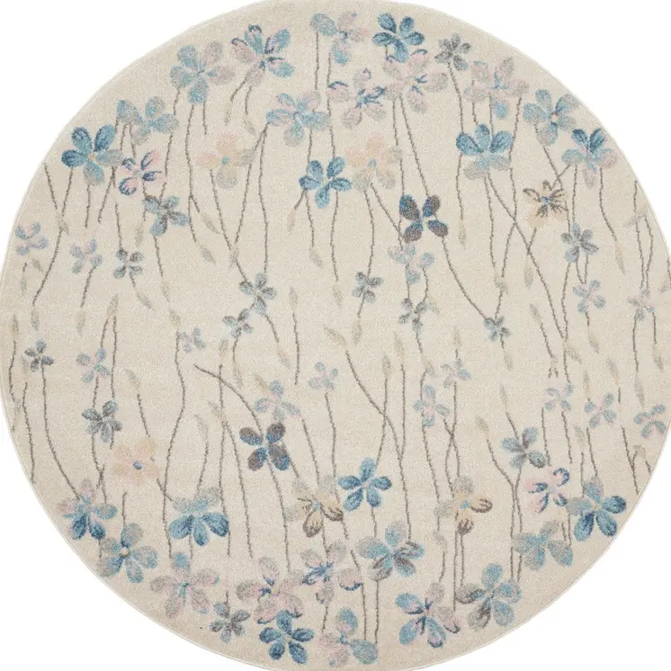 5' Ivory And Blue Floral Round Rug