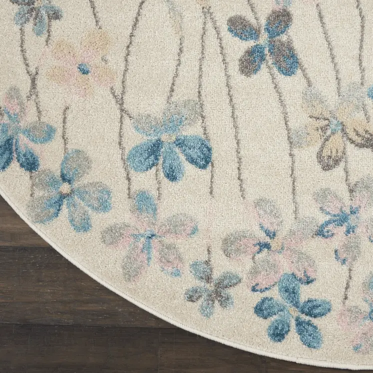 5' Ivory And Blue Floral Round Rug