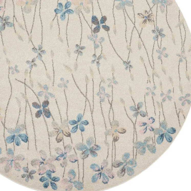 5' Ivory And Blue Floral Round Rug