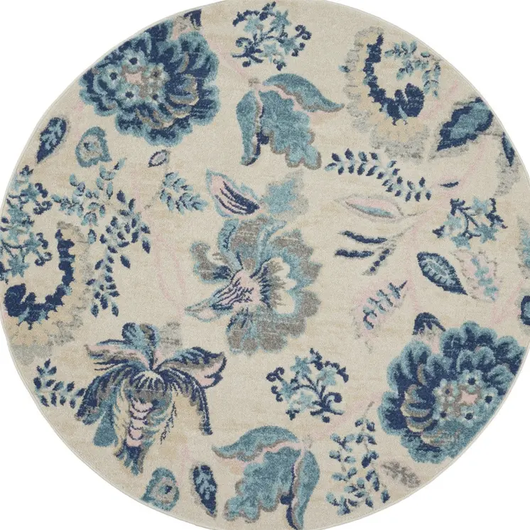 5' Ivory Navy Blue And Light Blue Floral Round Rug