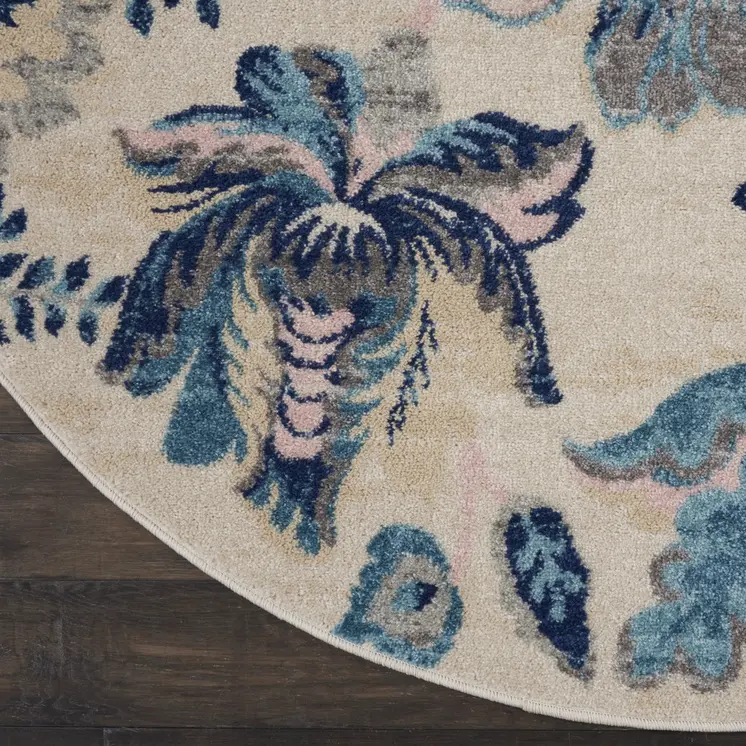 5' Ivory Navy Blue And Light Blue Floral Round Rug