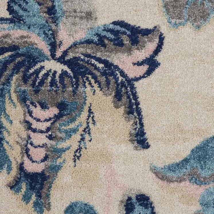 5' Ivory Navy Blue And Light Blue Floral Round Rug