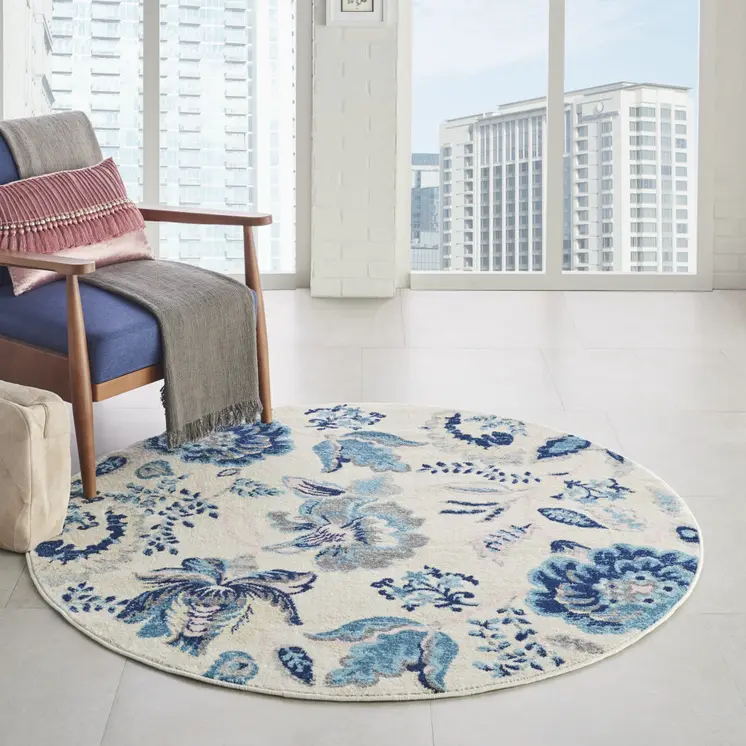 5' Ivory Navy Blue And Light Blue Floral Round Rug