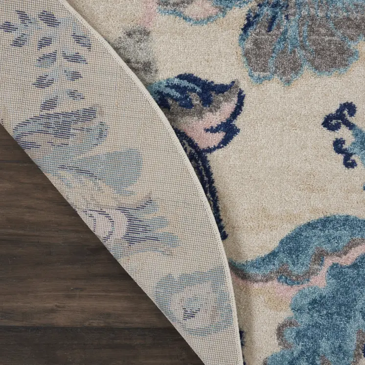 5' Ivory Navy Blue And Light Blue Floral Round Rug