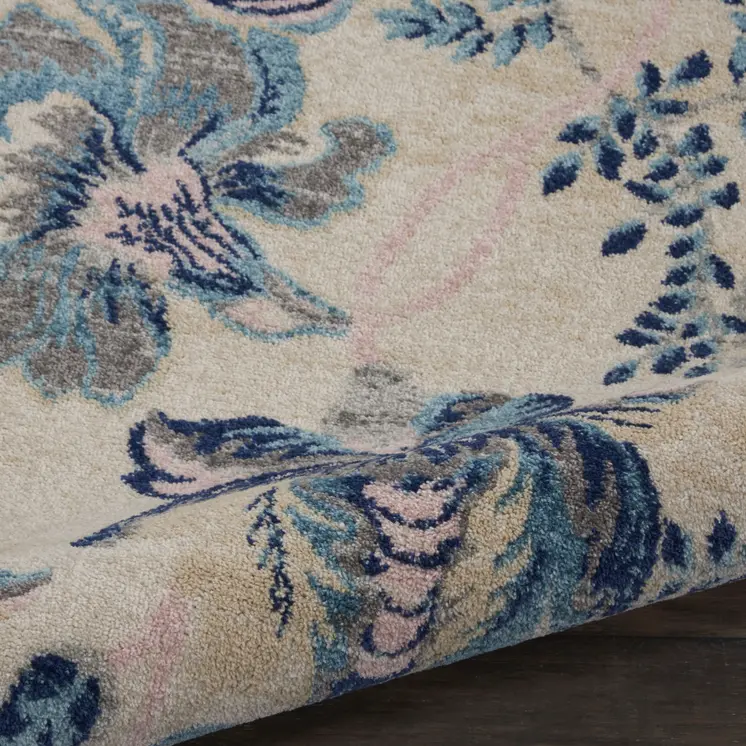 5' Ivory Navy Blue And Light Blue Floral Round Rug