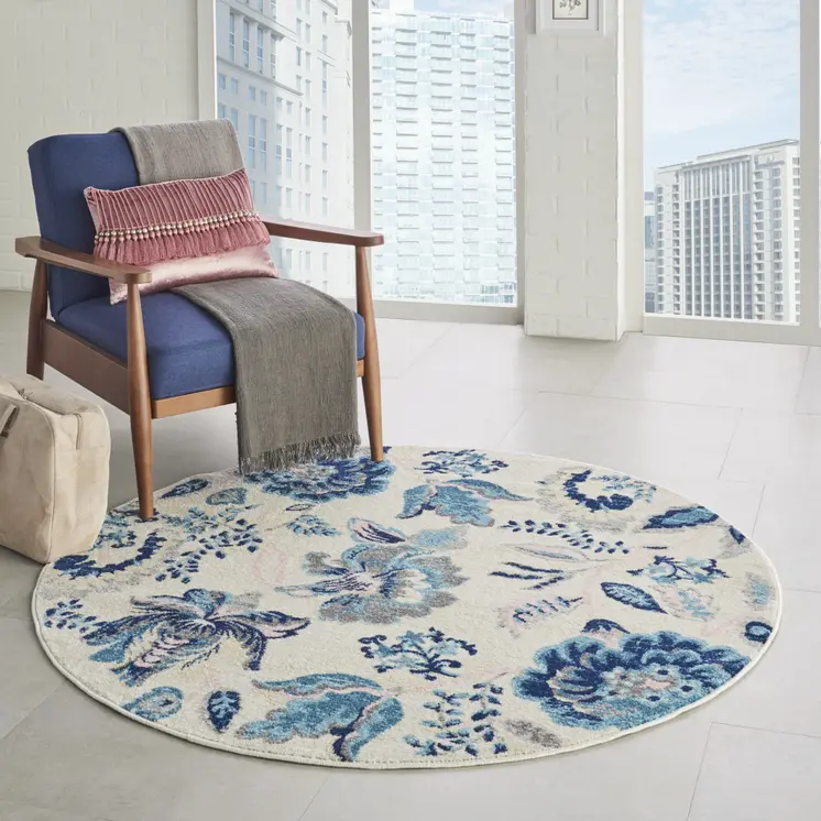 5' Ivory Navy Blue And Light Blue Floral Round Rug