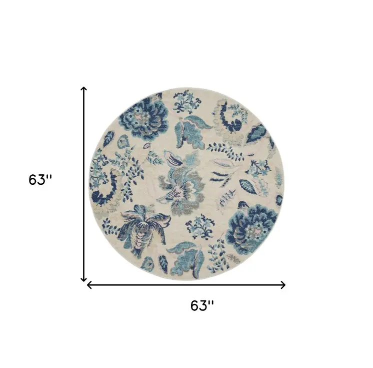 5' Ivory Navy Blue And Light Blue Floral Round Rug