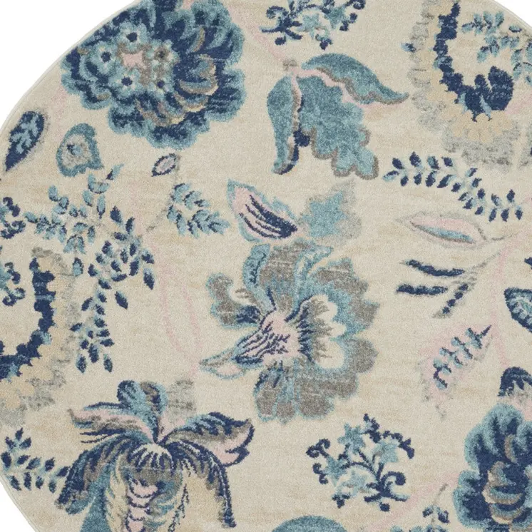 5' Ivory Navy Blue And Light Blue Floral Round Rug