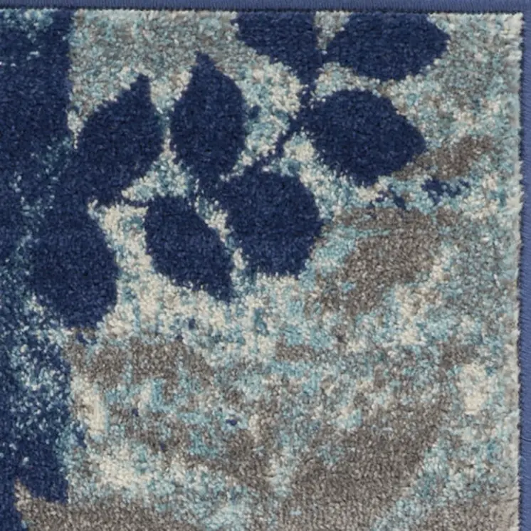 2' X 4' Navy Blue Light Blue and Gray Botanical Leaves Area Rug