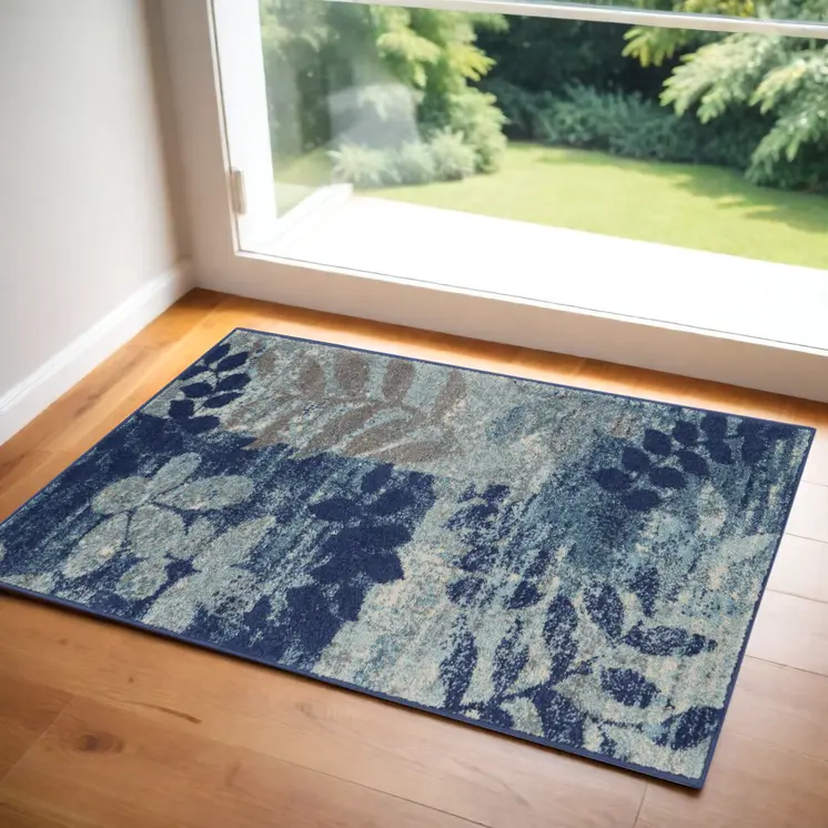 2' X 4' Navy Blue Light Blue and Gray Botanical Leaves Area Rug
