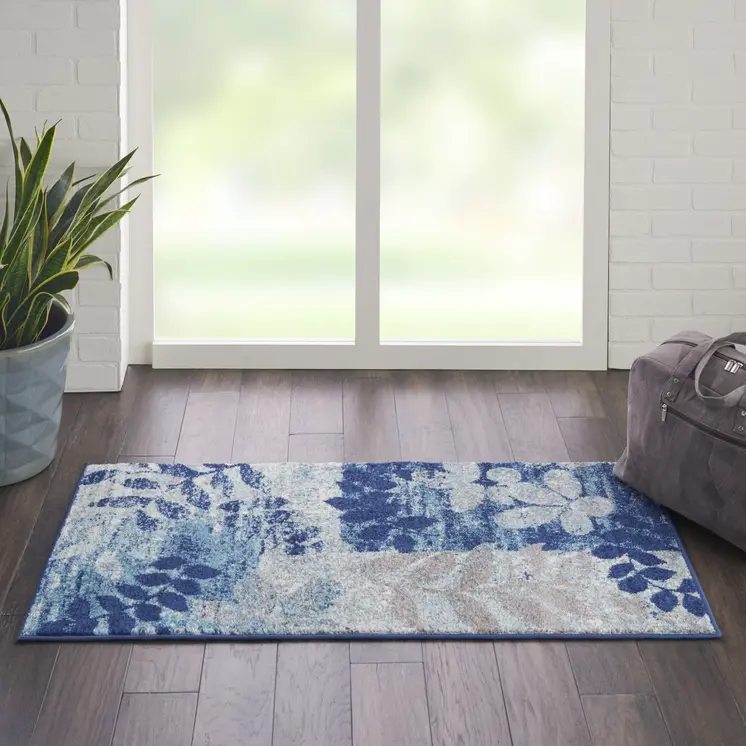 2' X 4' Navy Blue Light Blue and Gray Botanical Leaves Area Rug