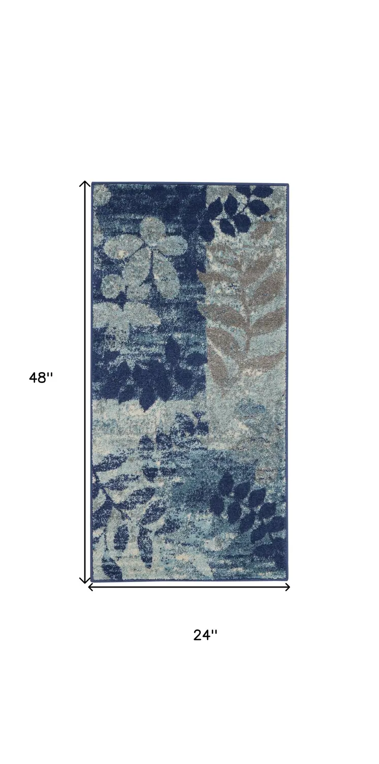 2' X 4' Navy Blue Light Blue and Gray Botanical Leaves Area Rug