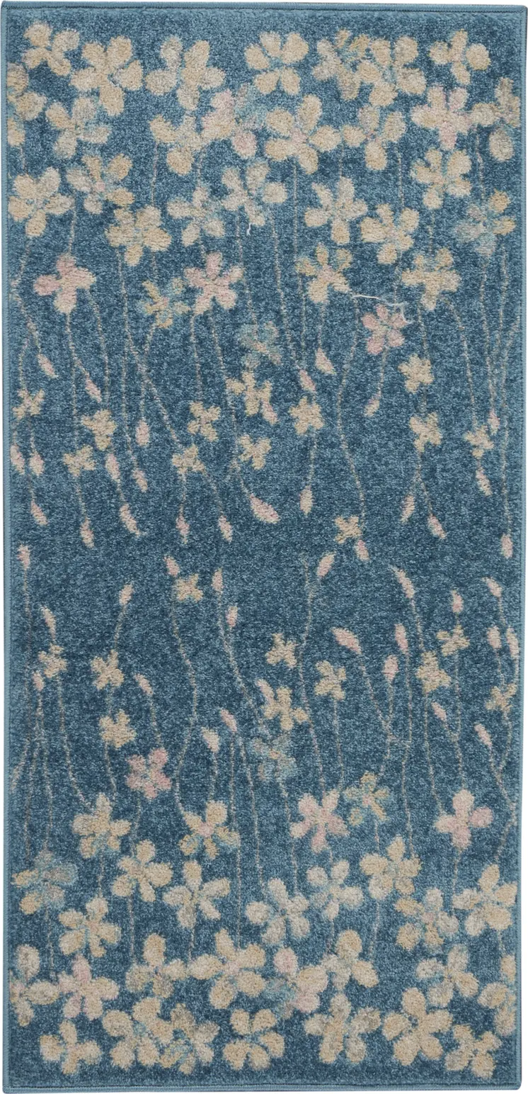 2' X 4' Turquoise and Cream Botanical Leaves Area Rug
