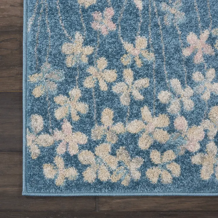 2' X 4' Turquoise and Cream Botanical Leaves Area Rug