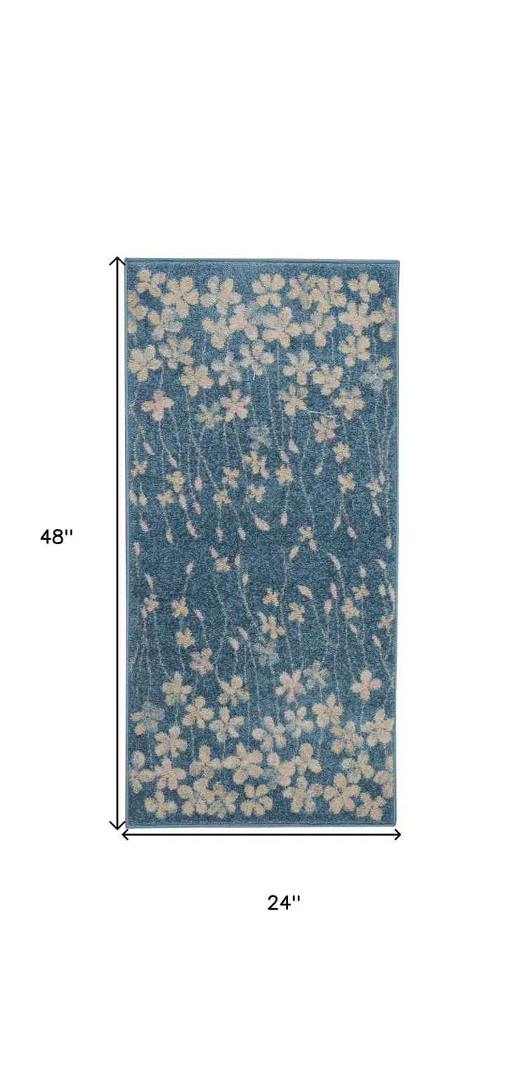 2' X 4' Turquoise and Cream Botanical Leaves Area Rug