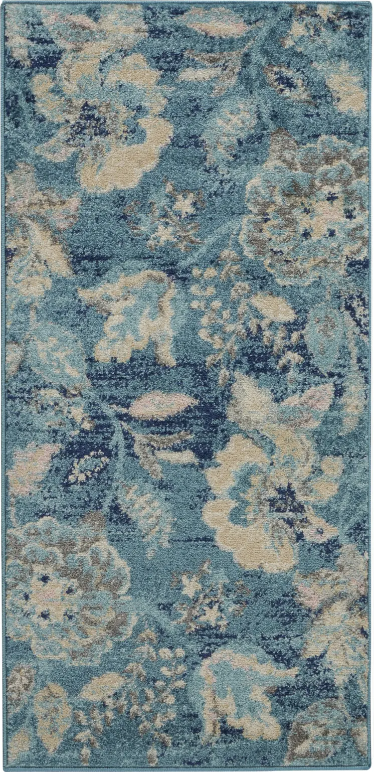 2' X 4' Turquoise Cream and Navy Blue Floral Distressed Area Rug