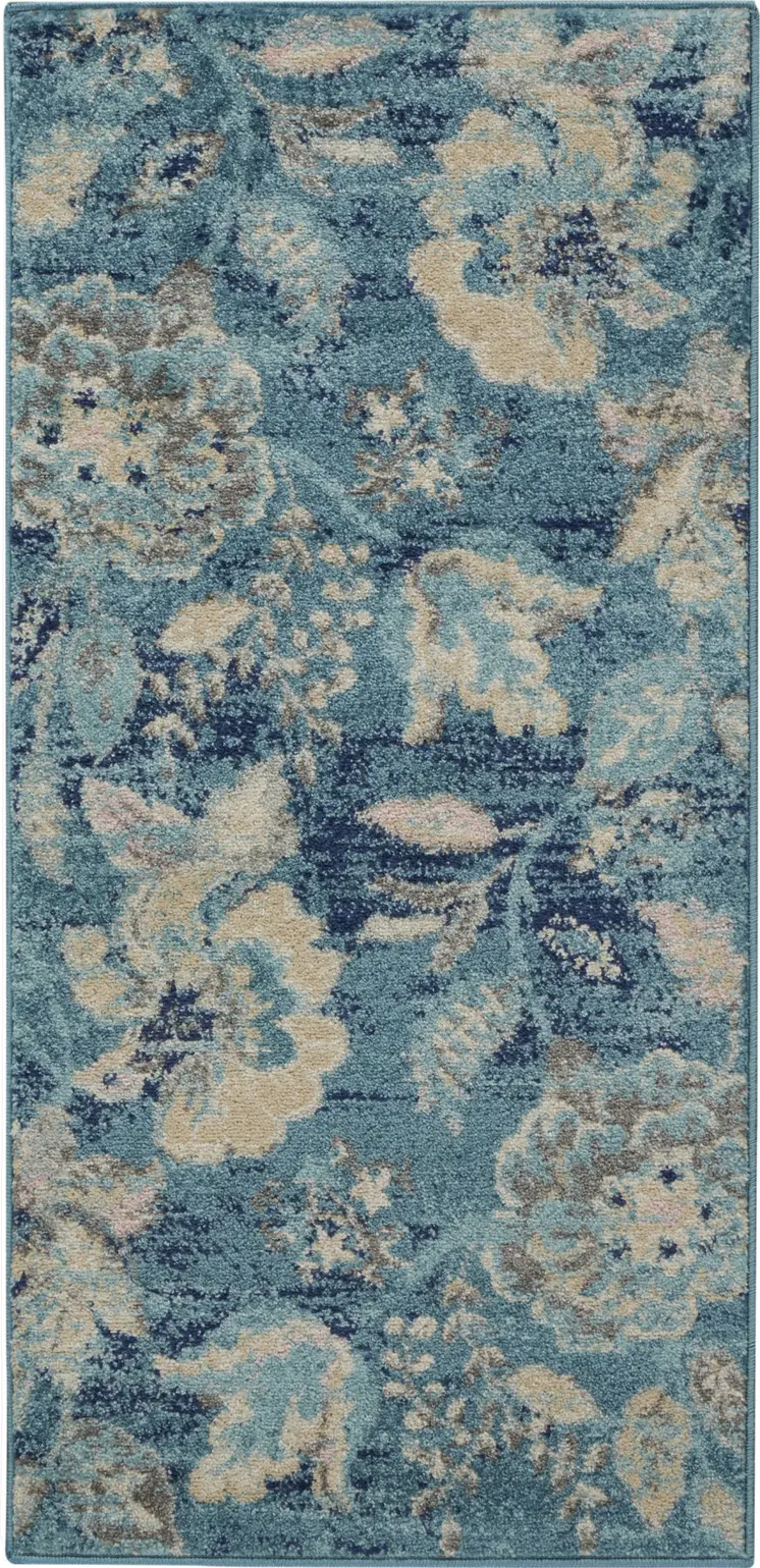 2' X 4' Turquoise Cream and Navy Blue Floral Distressed Area Rug