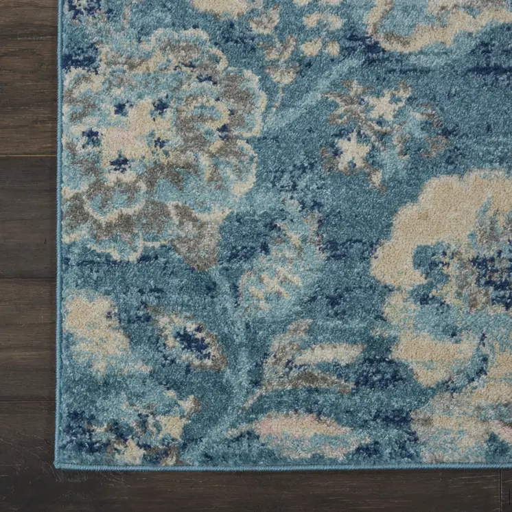 2' X 4' Turquoise Cream and Navy Blue Floral Distressed Area Rug