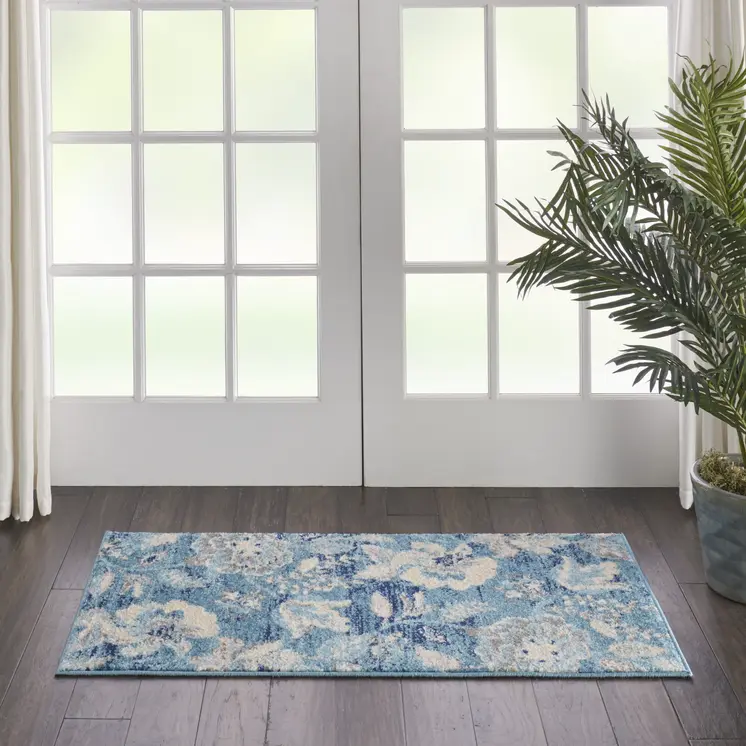 2' X 4' Turquoise Cream and Navy Blue Floral Distressed Area Rug