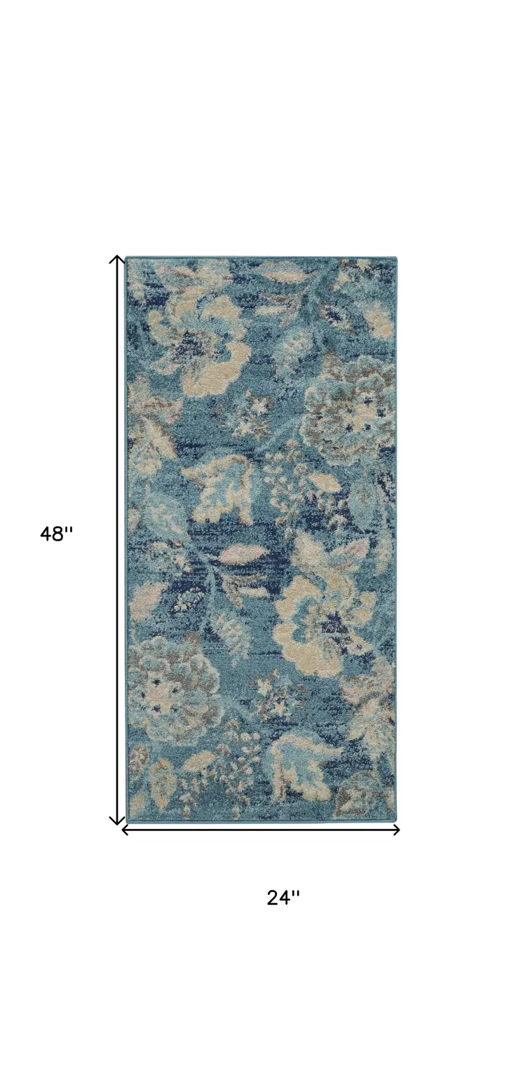 2' X 4' Turquoise Cream and Navy Blue Floral Distressed Area Rug