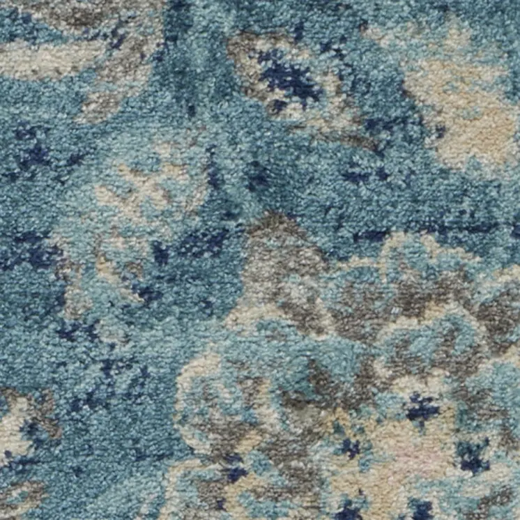 2' X 4' Turquoise Cream and Navy Blue Floral Distressed Area Rug