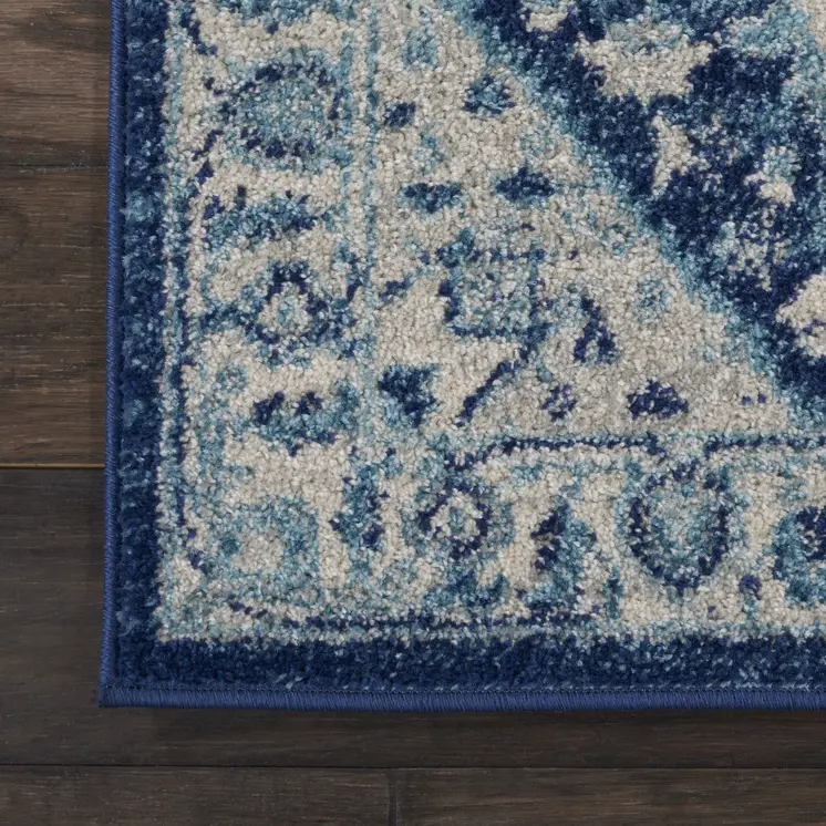 2' X 4' Ivory And Navy Blue Floral Medallion Distressed Area Rug