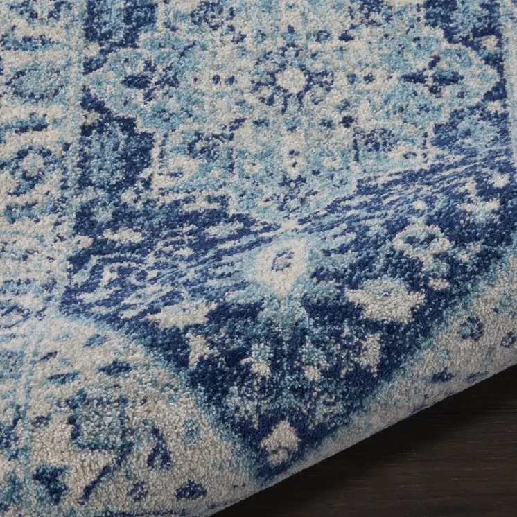 2' X 4' Ivory And Navy Blue Floral Medallion Distressed Area Rug