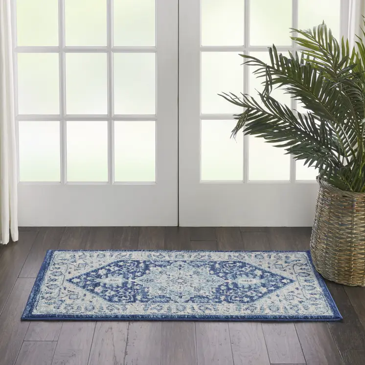 2' X 4' Ivory And Navy Blue Floral Medallion Distressed Area Rug