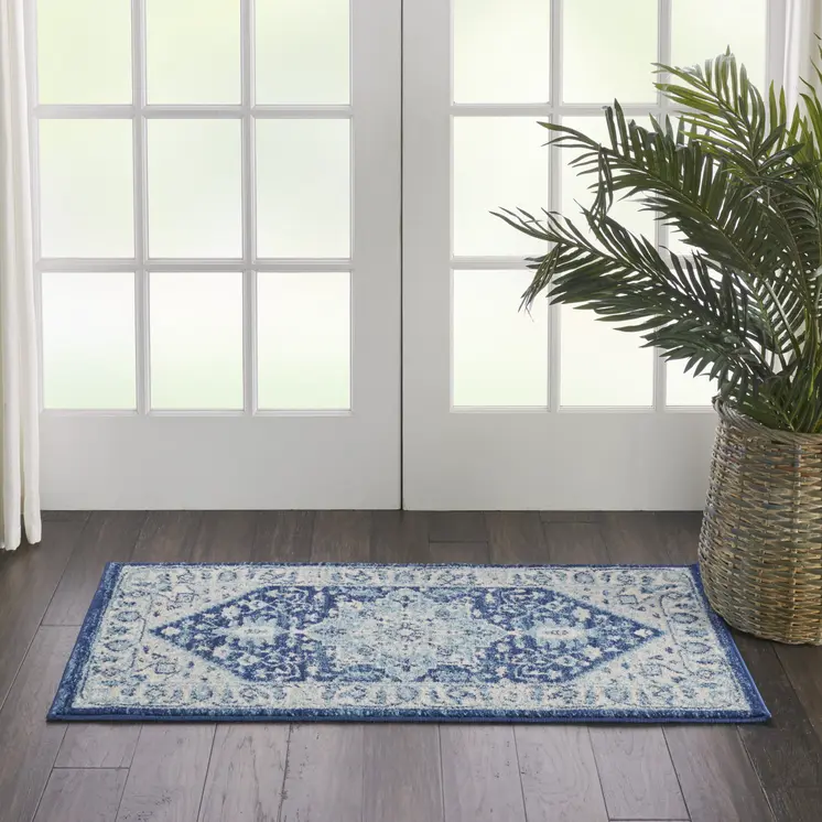 2' X 4' Ivory And Navy Blue Floral Medallion Distressed Area Rug