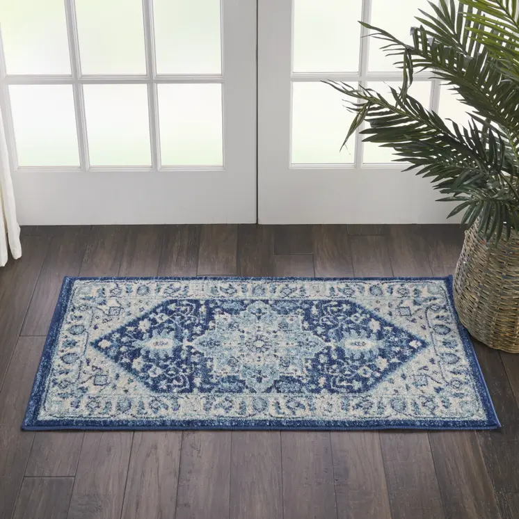 2' X 4' Ivory And Navy Blue Floral Medallion Distressed Area Rug