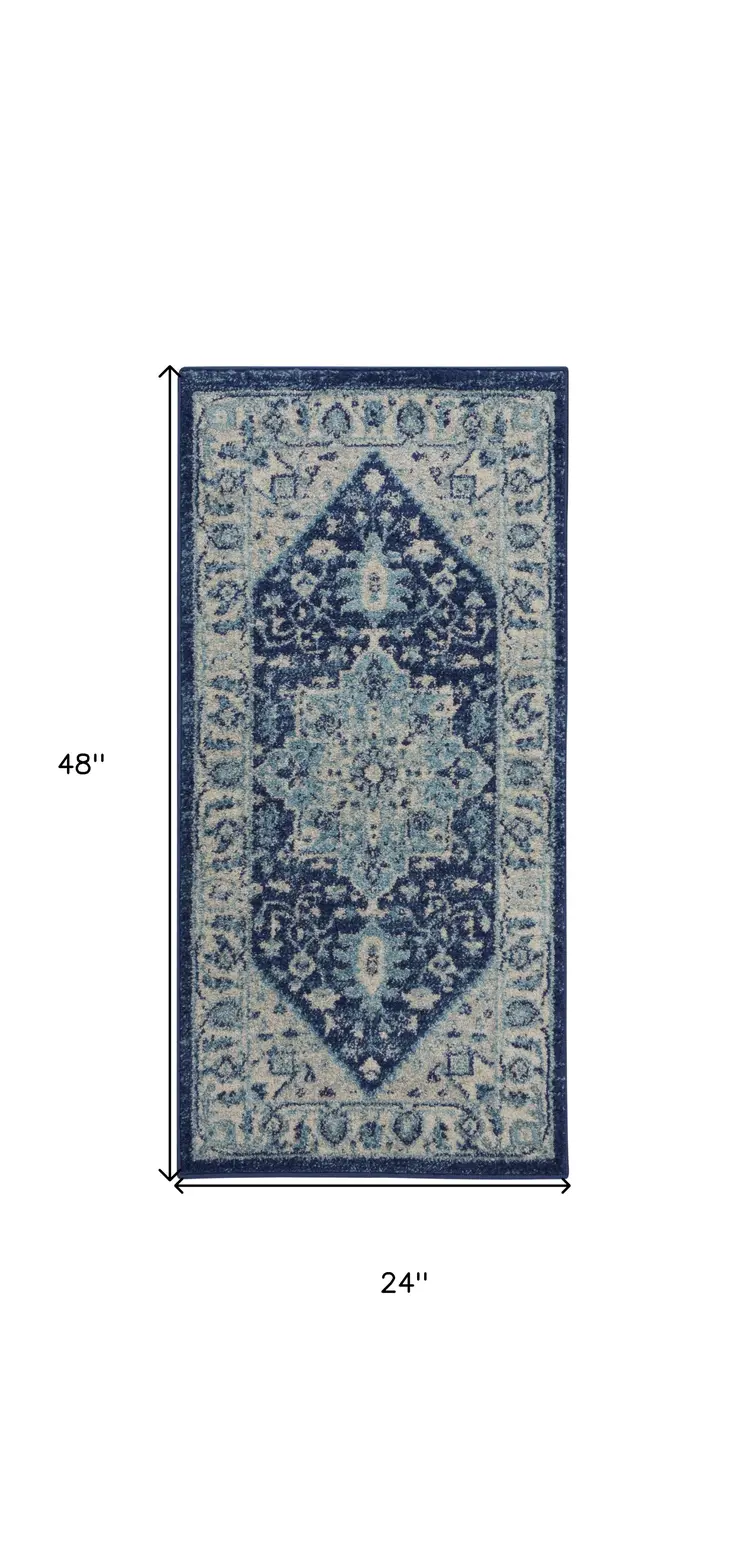 2' X 4' Ivory And Navy Blue Floral Medallion Distressed Area Rug