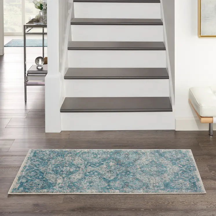 2' X 4' Ivory and Light Blue Oriental Distressed Area Rug