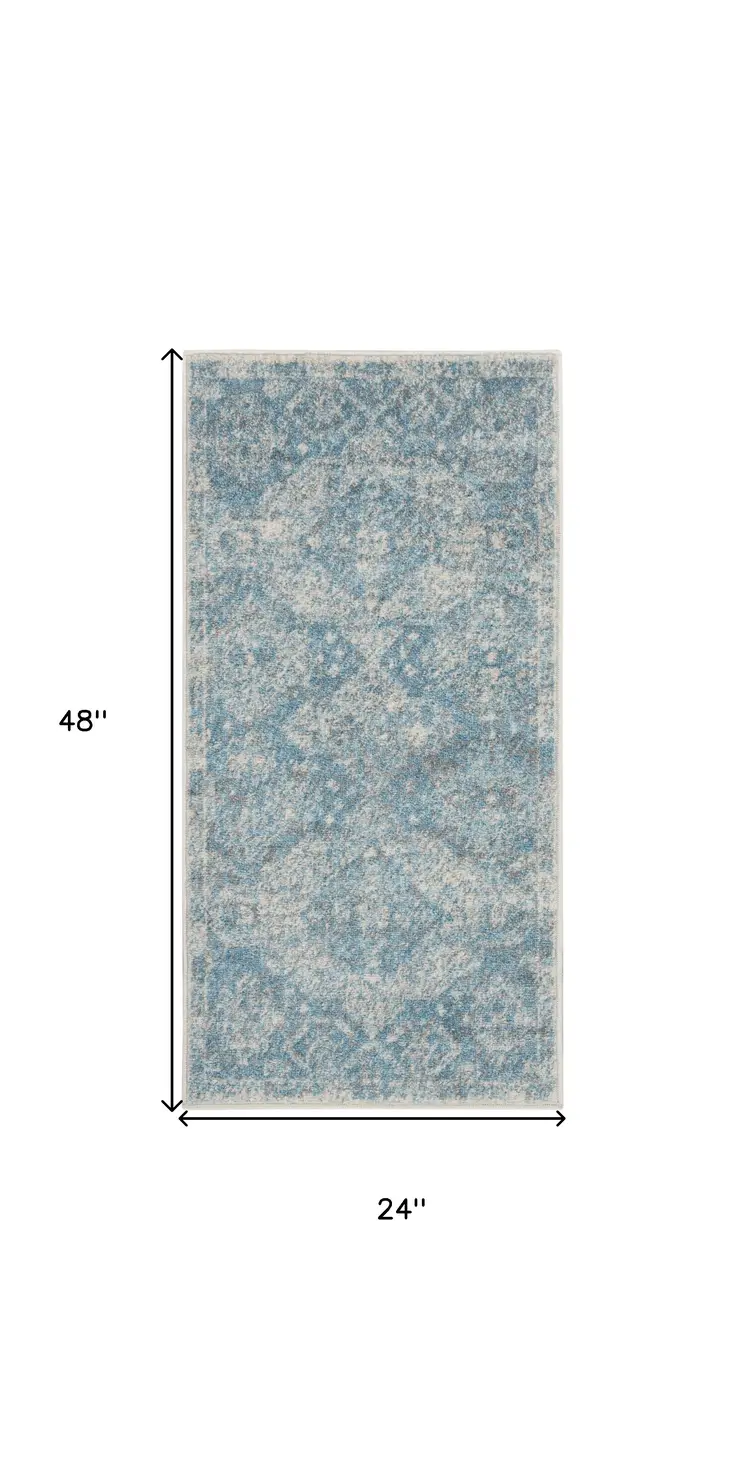 2' X 4' Ivory and Light Blue Oriental Distressed Area Rug