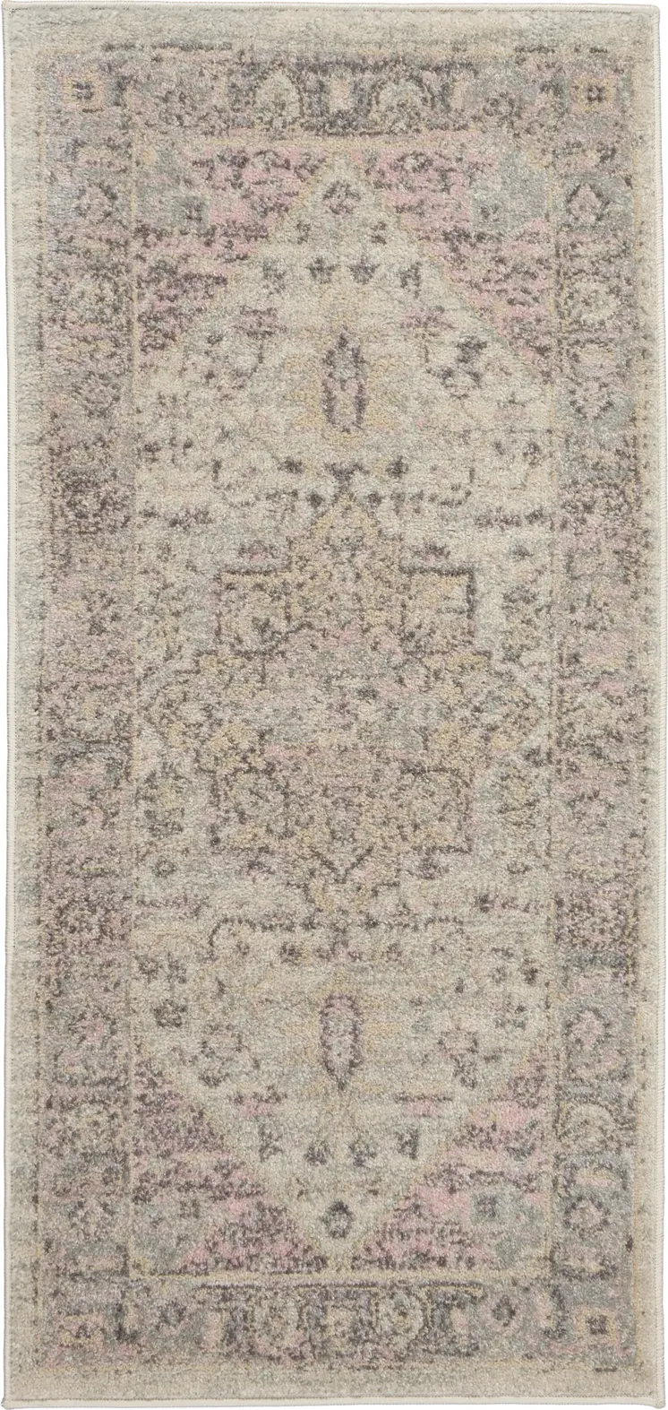 2' X 4' Ivory Pink And Gray Floral Medallion Distressed Area Rug