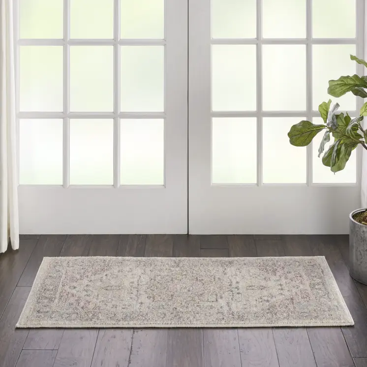 2' X 4' Ivory Pink And Gray Floral Medallion Distressed Area Rug