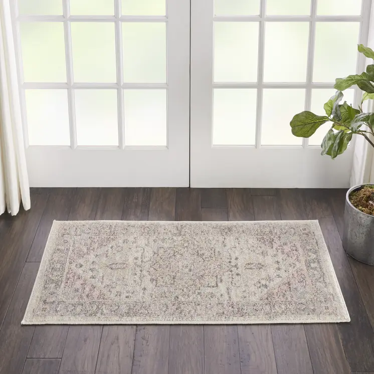 2' X 4' Ivory Pink And Gray Floral Medallion Distressed Area Rug