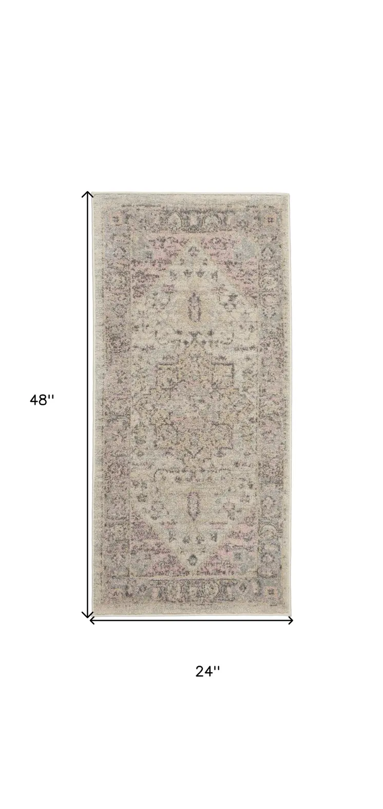 2' X 4' Ivory Pink And Gray Floral Medallion Distressed Area Rug
