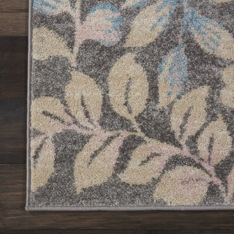 2' X 4' Beige Gray And Blue Botanical Leaves Area Rug