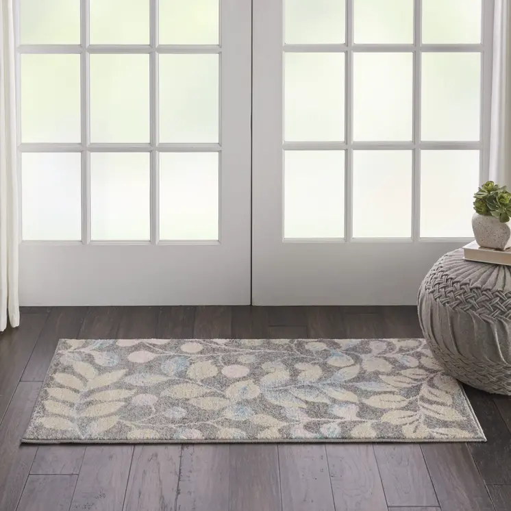 2' X 4' Beige Gray And Blue Botanical Leaves Area Rug