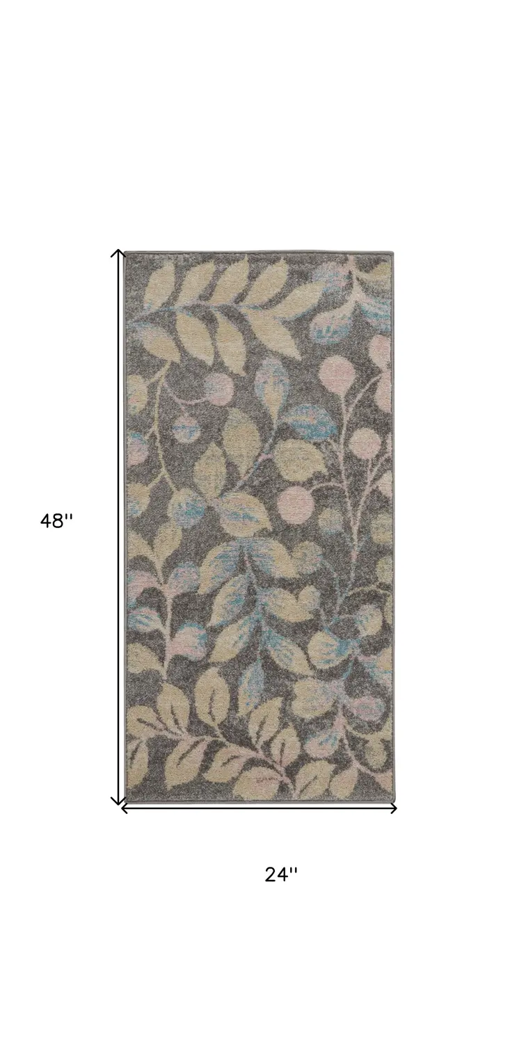 2' X 4' Beige Gray And Blue Botanical Leaves Area Rug