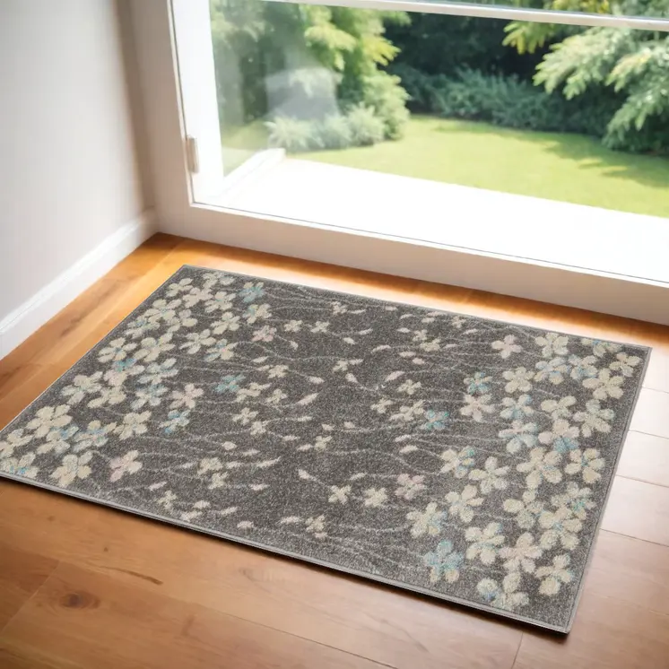 2' X 4' Beige And Gray Floral Area Rug