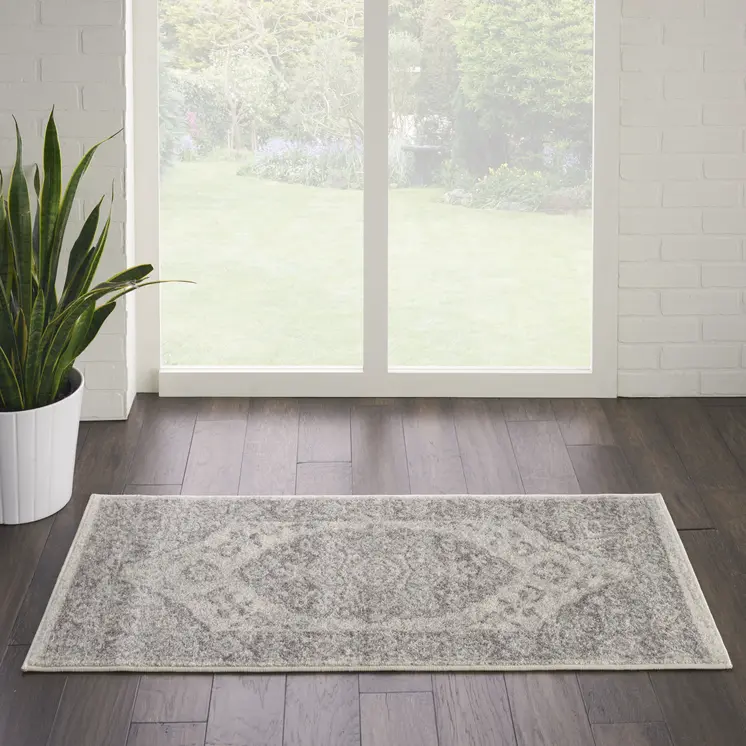 2' X 4' Ivory And Gray Floral Medallion Distressed Area Rug